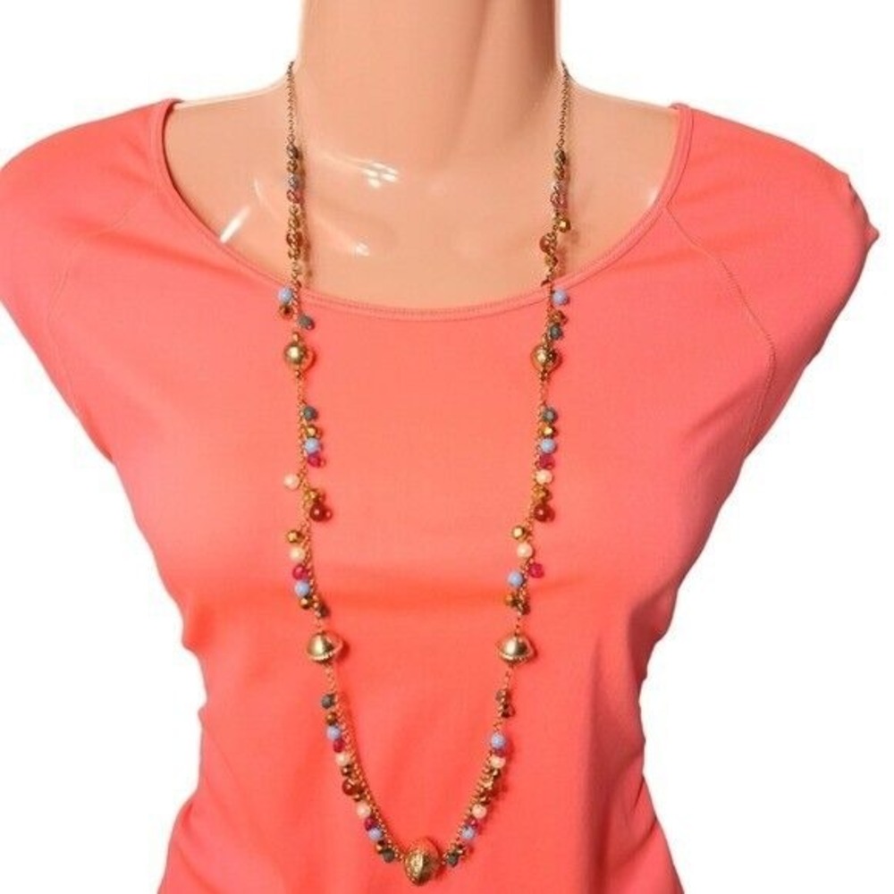 Women's Old Gold Tone Colorful Acrylic‎ Stones & Faux Pearls on Necklace 18 In